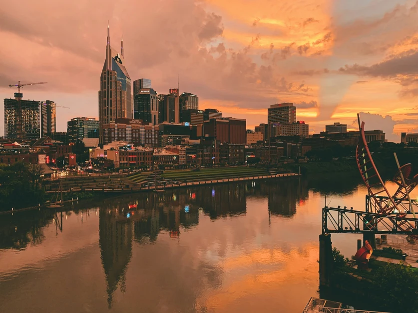 Downtown Nashville with sunsetting.